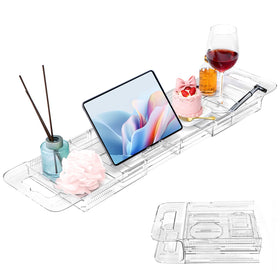 Onannos expandable clear acrylic tub tray shown in full bath setup for easy access to essentials.