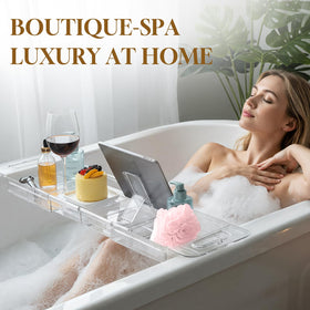 Onannos extendable tub tray stretched to 31.5 inches for large tubs and extra surface.