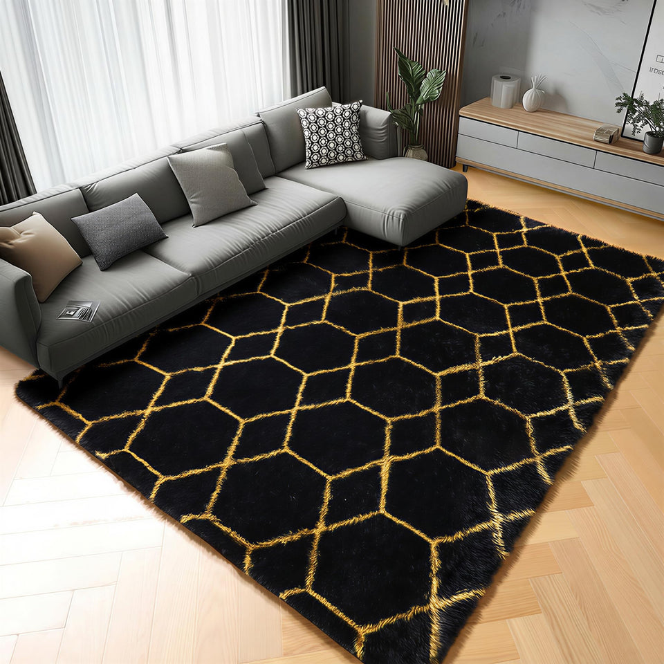 ONASAR 5x8 fluffy black-gold living room rug for cozy barefoot comfort.