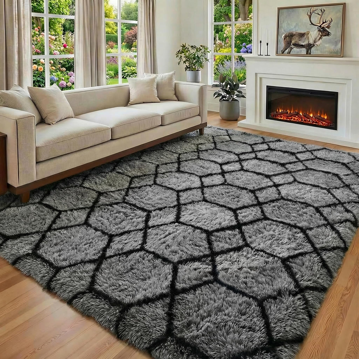 ONASAR grey-black rug with anti-slip backing helps stay in place