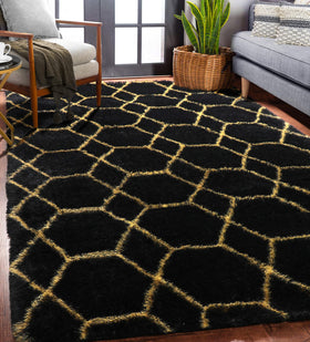 ONASAR fluffy geometric rug in black and gold provides warm underfoot.