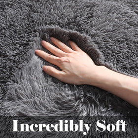 Close-up of ONASAR shag rug showing plush texture and calm gray tone