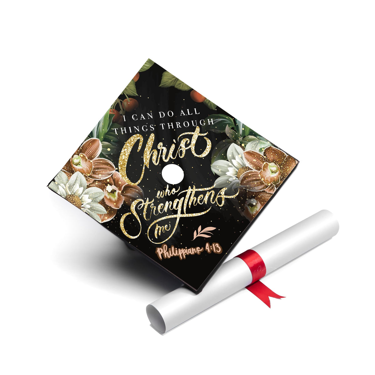 Once Upon A Time cap topper with gold glitter letters embellishes graduation cap decor.