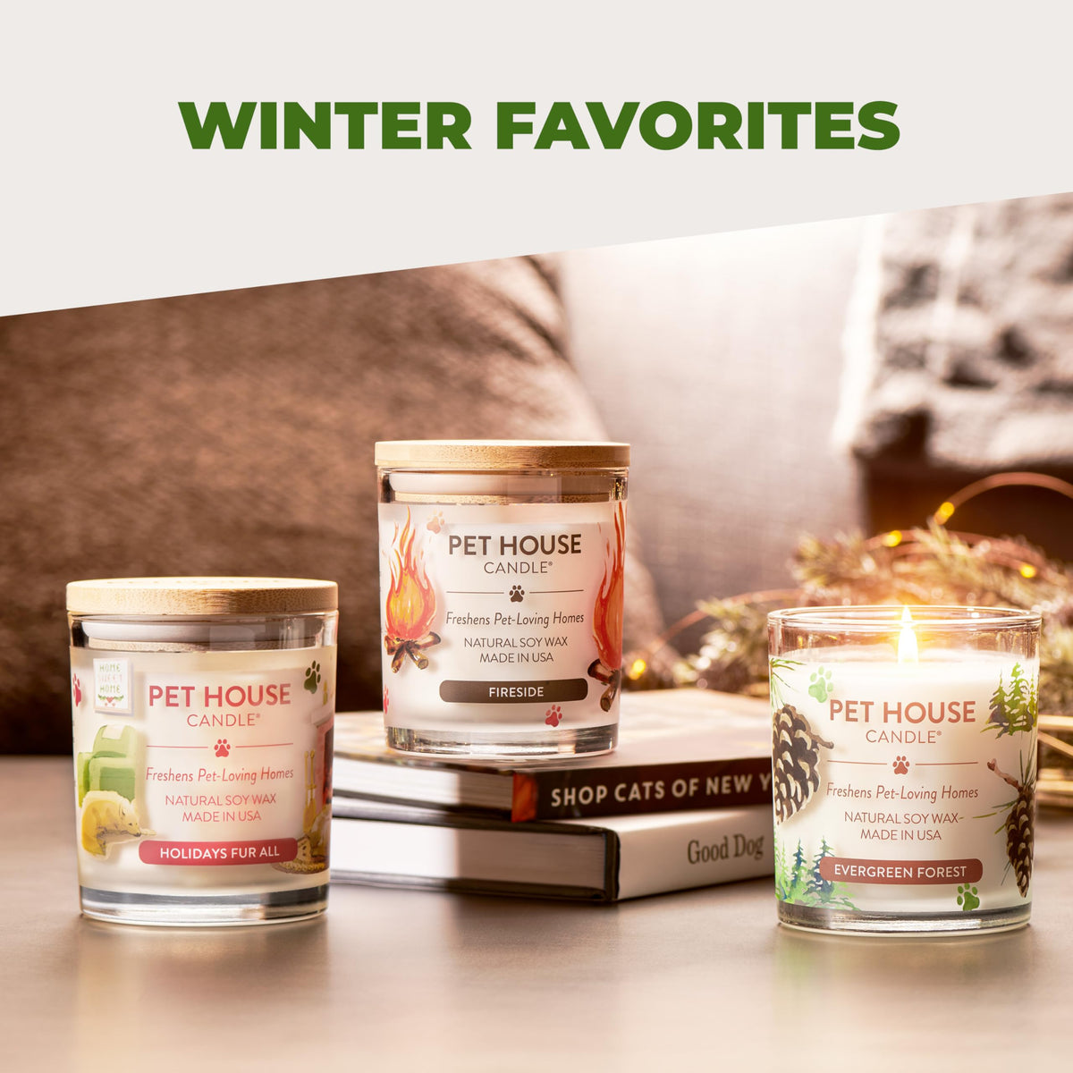 One Fur All Vanilla Candle in a living room setting with pets nearby.