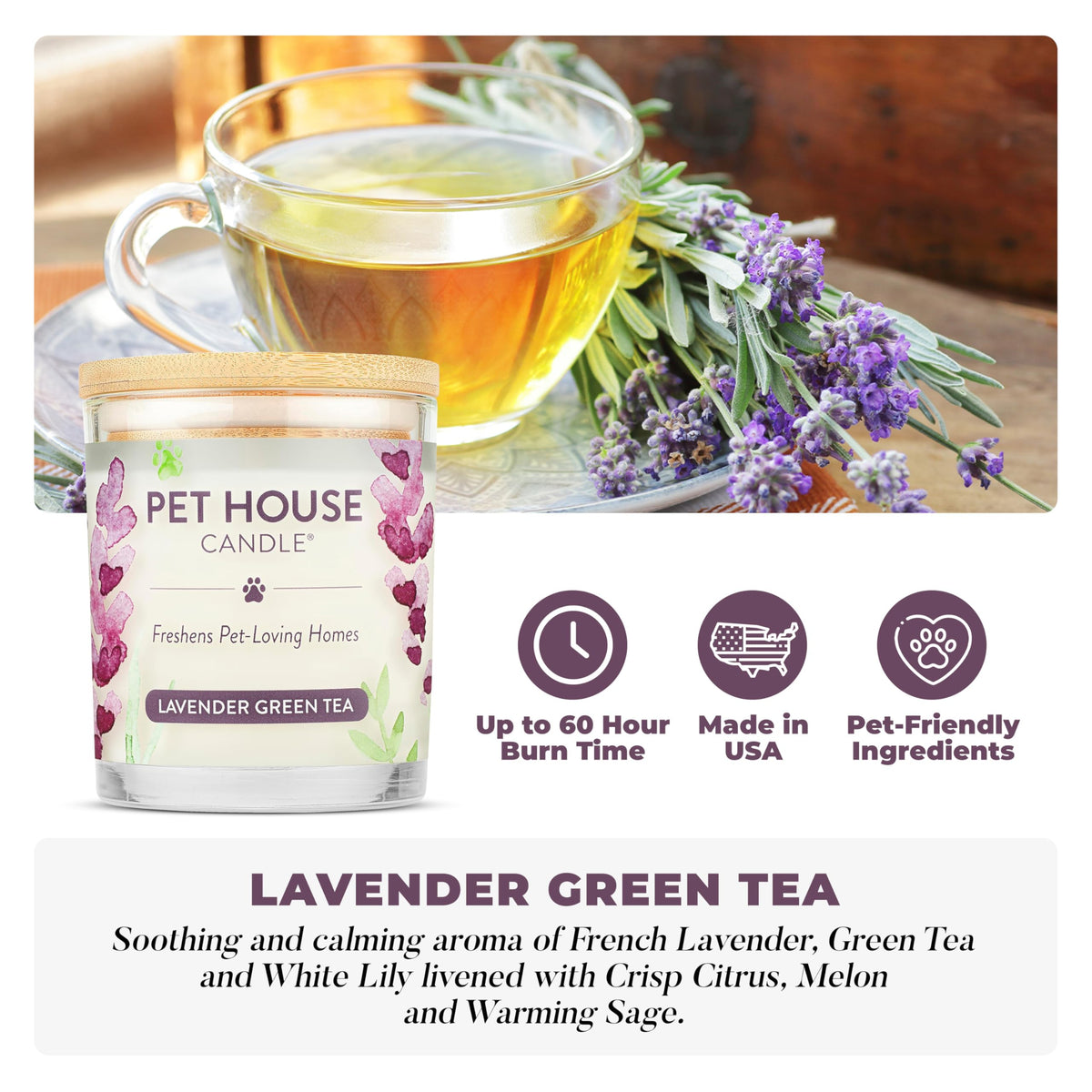 One Fur All lavender candle creates warm ambience in a living space, reducing odors