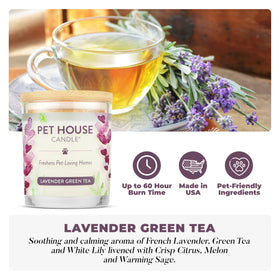 One Fur All lavender candle creates warm ambience in a living space, reducing odors