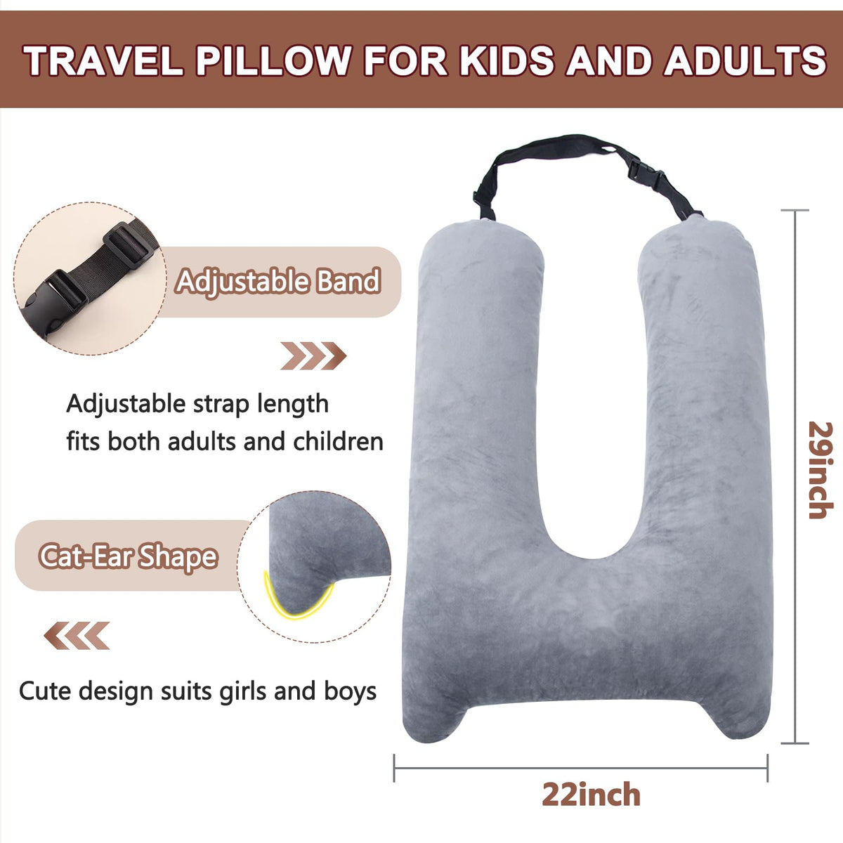 1 MIDDLE ONE travel pillow sized 29x22 inches suitable for kids and adults