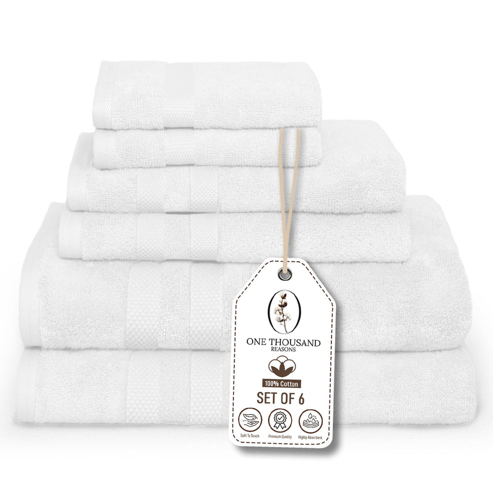 One Thousand Reasons premium staple cotton bath towel in white with plush softness and quick-dry feel.
