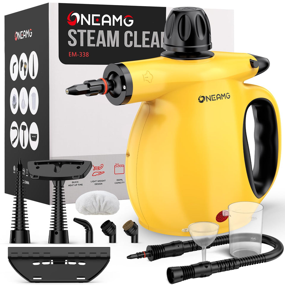 OneAmg steam cleaner front view highlighting portable design for easy cleaning