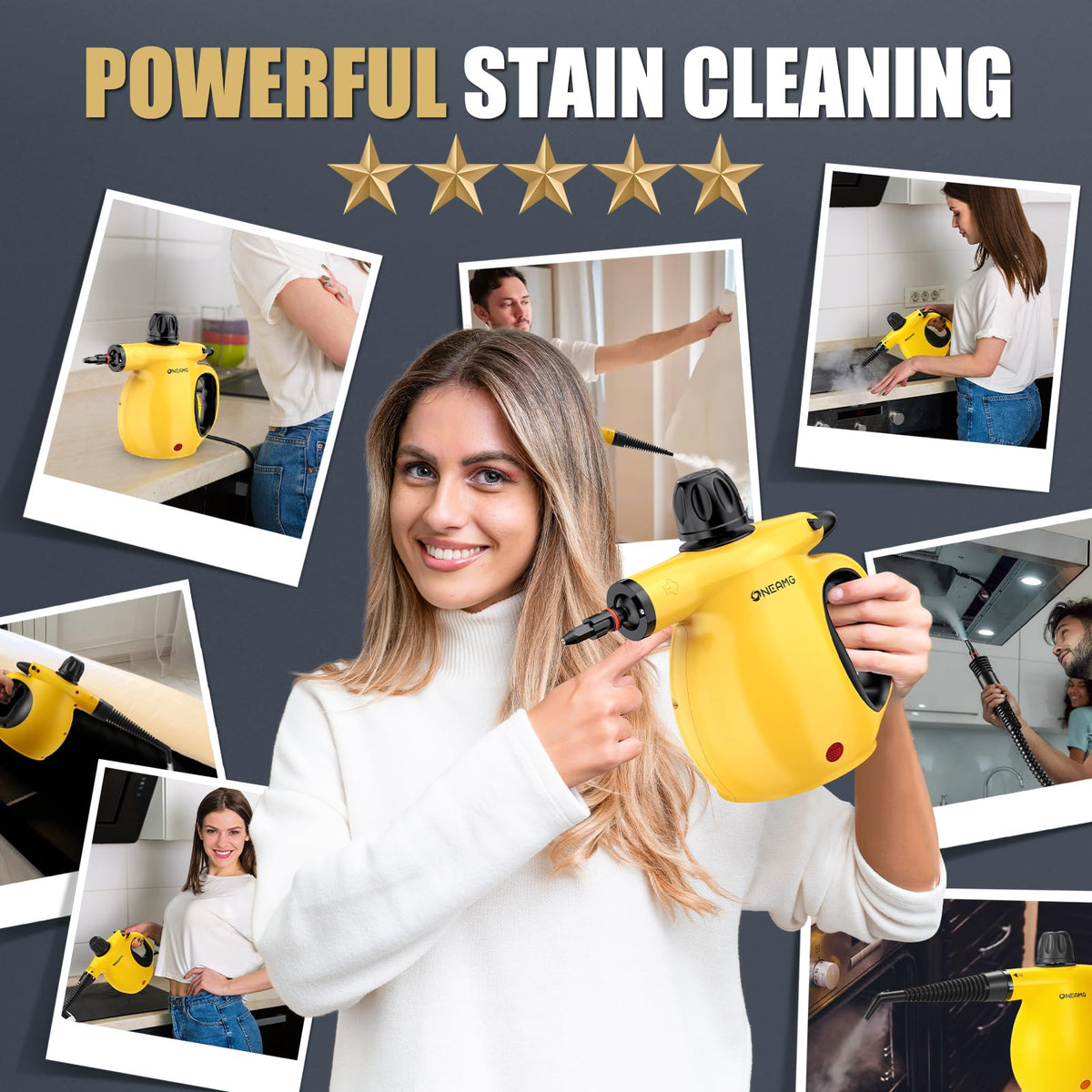 OneAmg steam cleaner on multiple surfaces for floors, upholstery, and tiles