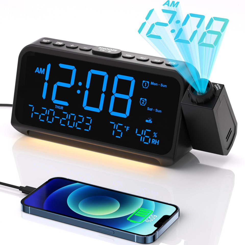 OnLyee projection alarm clock front view for quick bedside time checks
