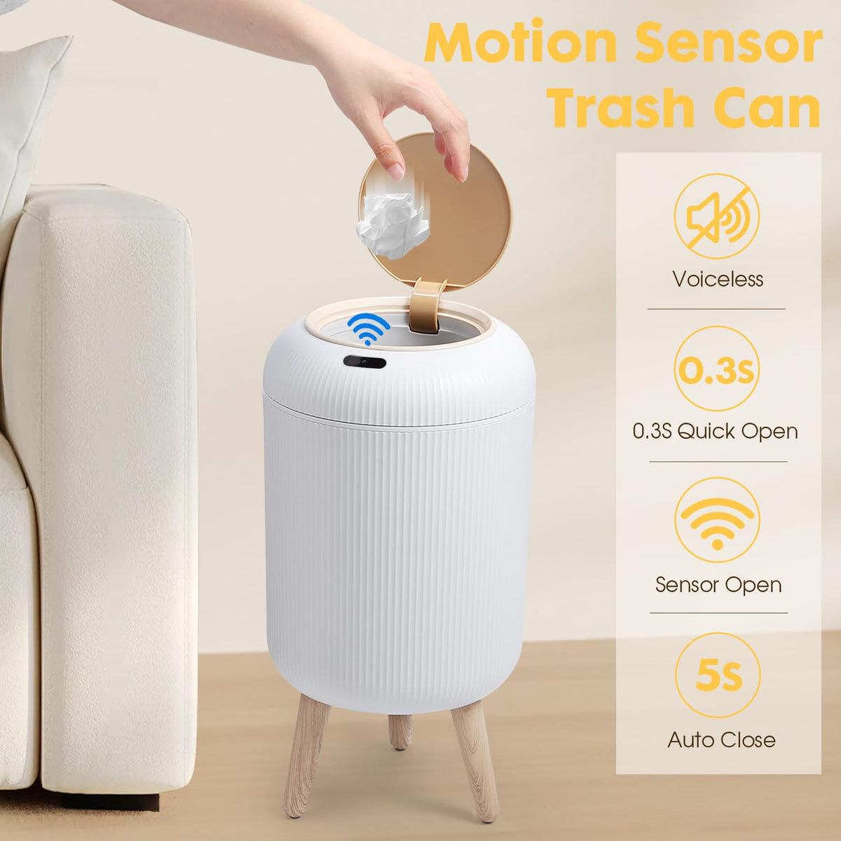 onlcuk 3-gallon touchless trash bin with sturdy 3 legs for stable placement.