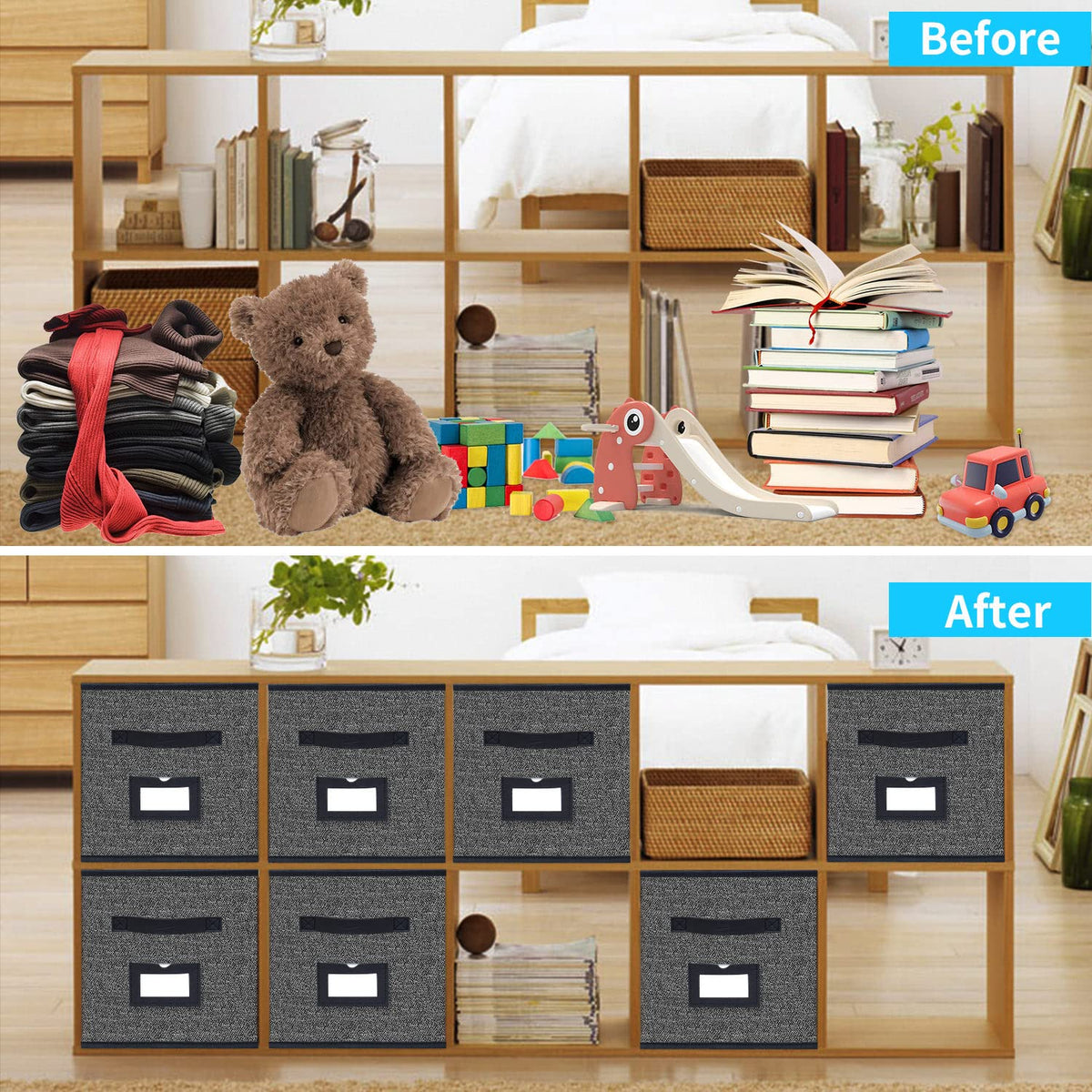 Onlyeasy 13x15x13-inch storage cubes fit large items neatly on shelves.