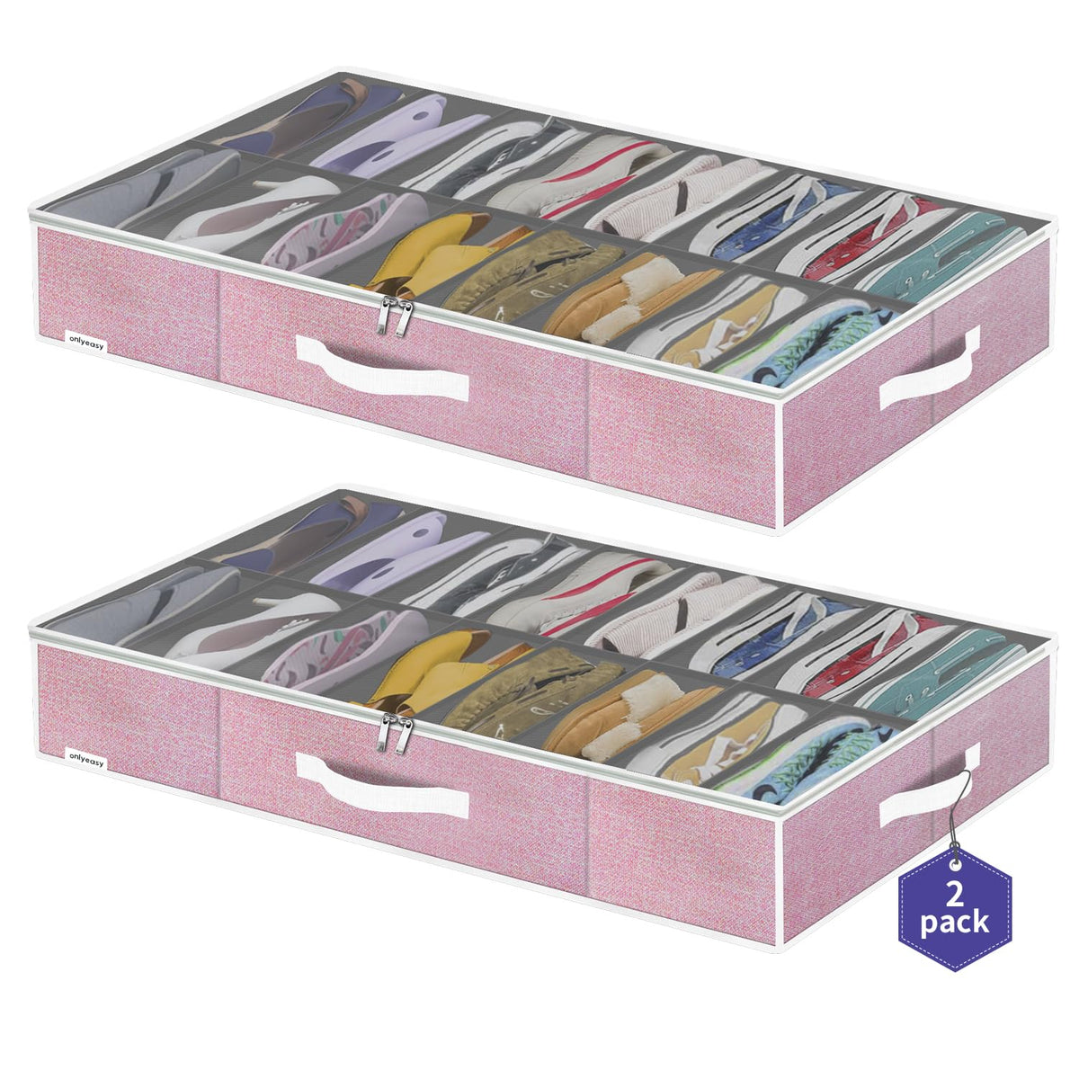 Onlyeasy two-pack under-bed shoe organizers in cotton-like pink with a clear window.