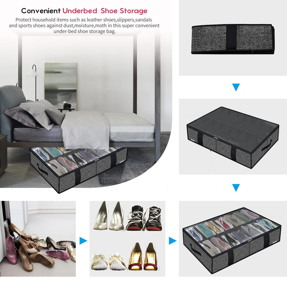 Onlyeasy under-bed shoe storage double-zip closure ensures reliable opening.