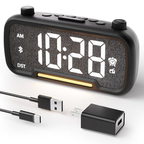 OnLyee 5-in-1 alarm clock front view, ideal for small bedrooms.