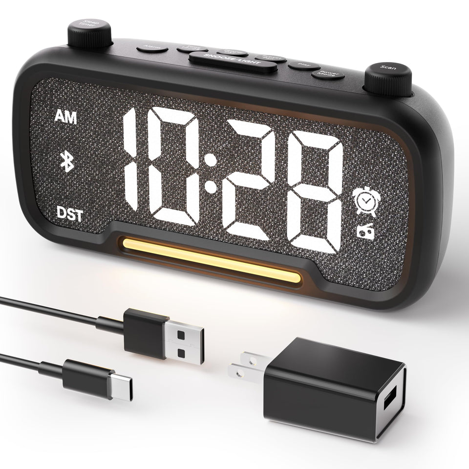 OnLyee 5-in-1 alarm clock front view, ideal for small bedrooms.
