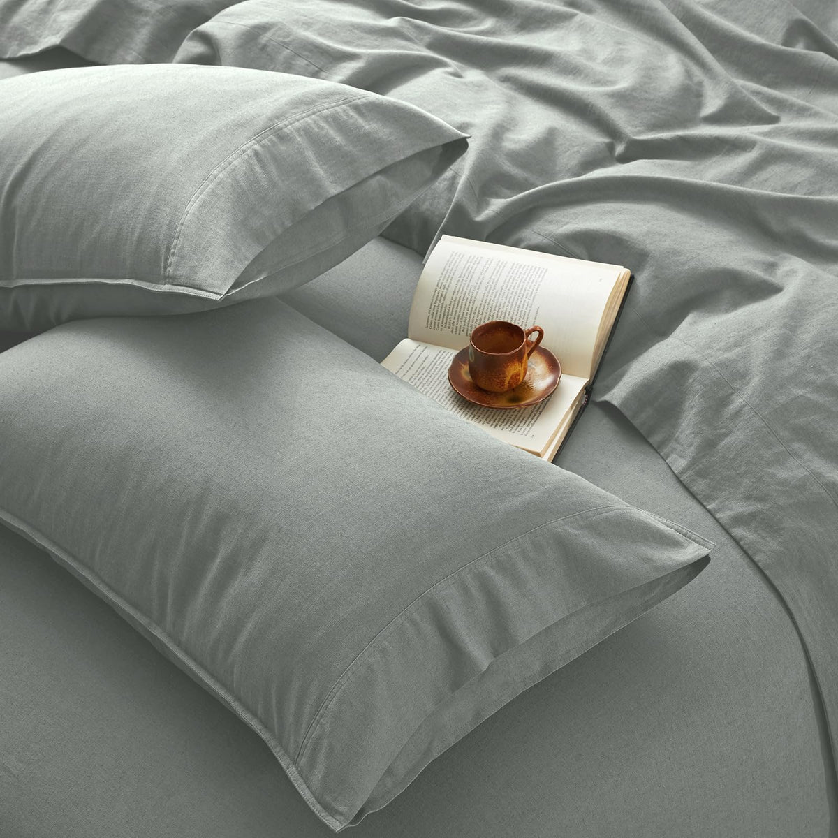 OnlySet Earl Gray linen queen flat sheet shows breathable texture for cool nights.