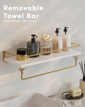Onlysky white-gold shelves offer ample storage for toiletries and towels.