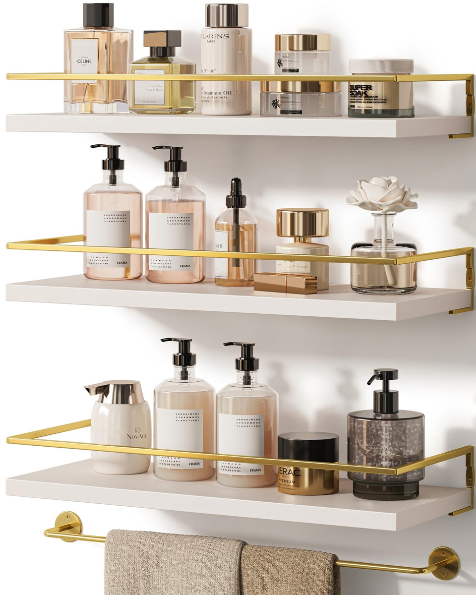 Onlysky bathroom floating shelves in white gold, 15.7 inch front view showing sturdy construction.