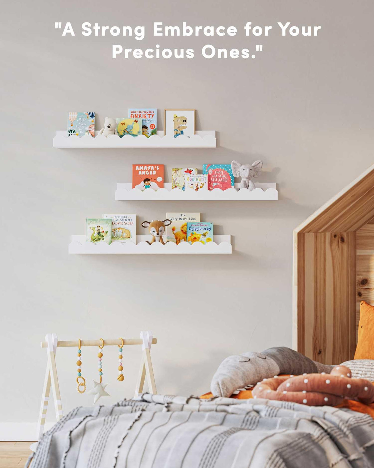Onlysky display shelves showcase books and toys at a quick grab-and-go reach.