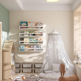 Onlysky white floating shelves enhance nursery decor and organization in small spaces.