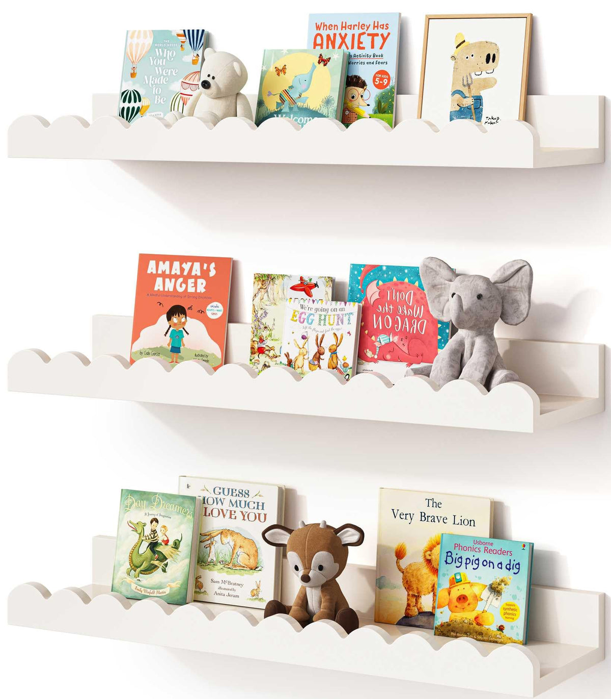 Onlysky scalloped-edge nursery shelves offer charming wall display with easy access to favorites.