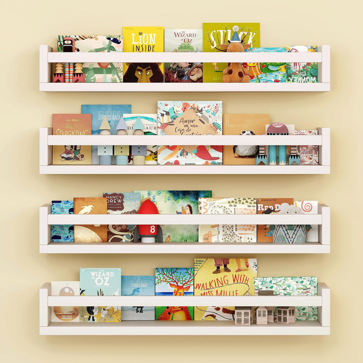 Onlysky four white wall-mounted shelves for nurseries offer organized storage.