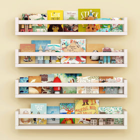 Onlysky four white wall-mounted shelves for nurseries offer organized storage.