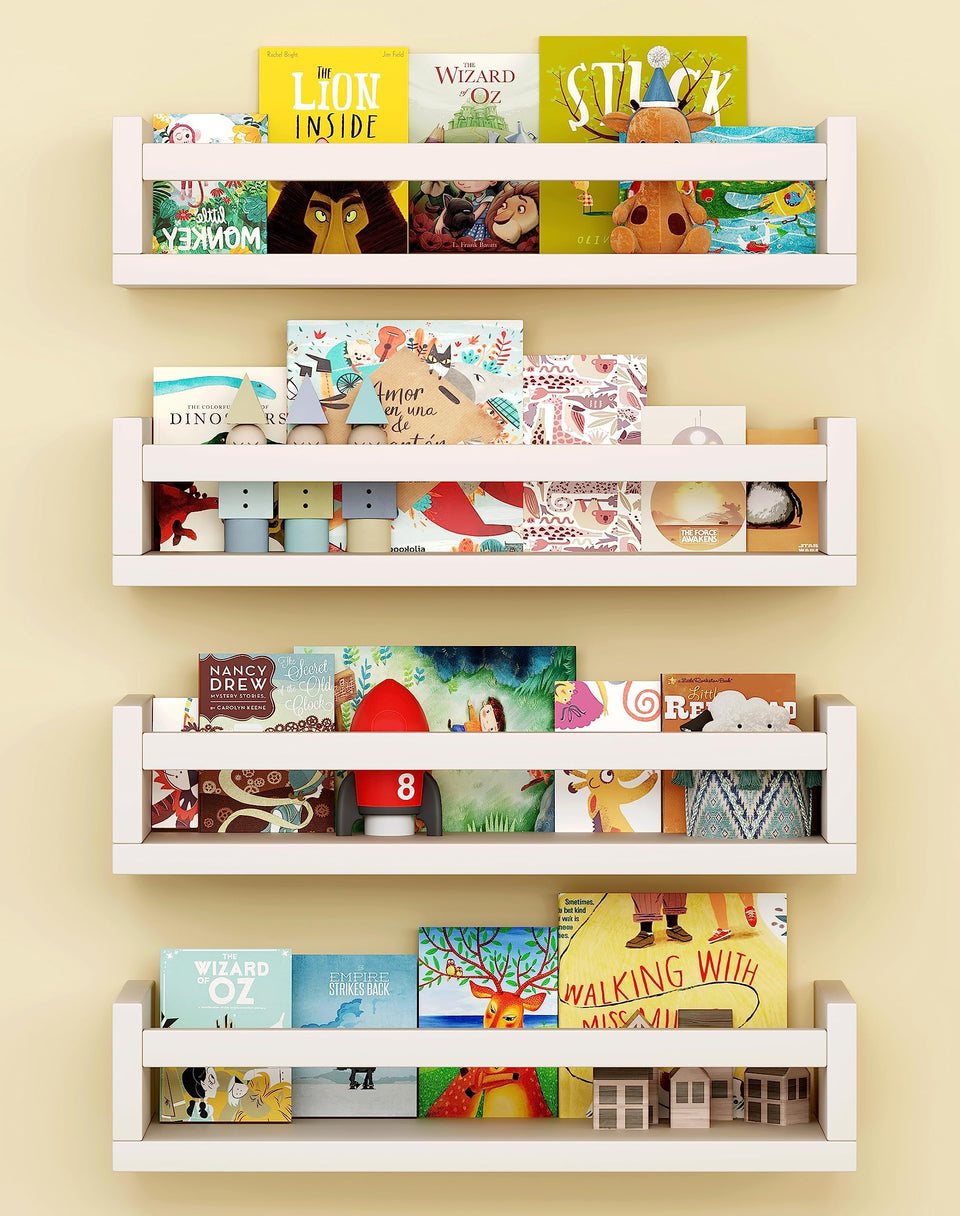 Onlysky four white wall-mounted kids bookshelves organize books and toys in a tidy nursery.