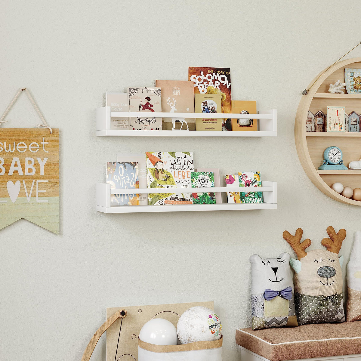 Onlysky durable wood construction shelves provide sturdy storage in kids rooms.