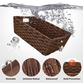 Onlytak brown woven storage basket in bathroom keeps towels and toiletries tidy.