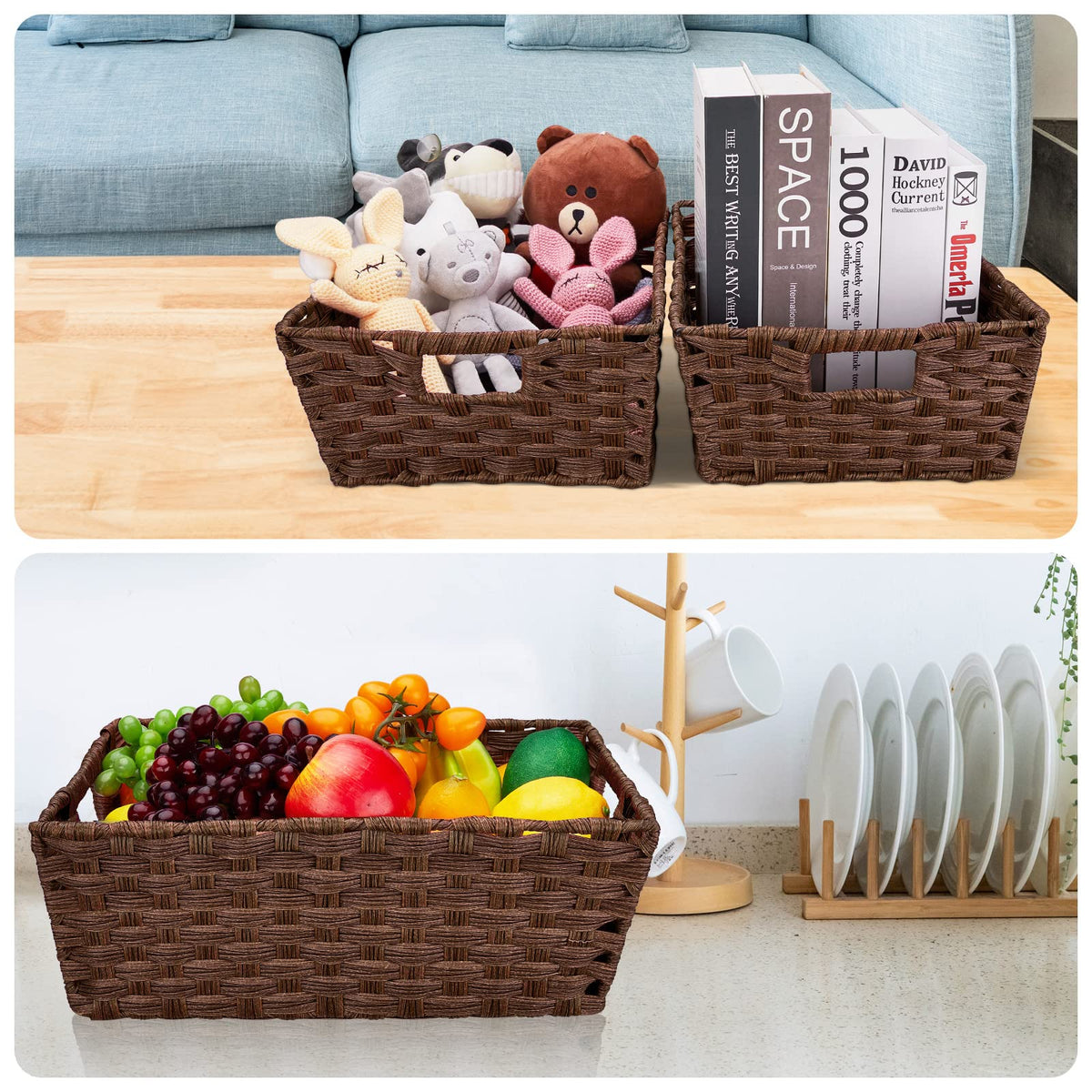 Onlytak brown woven storage basket on patio for outdoor storage.