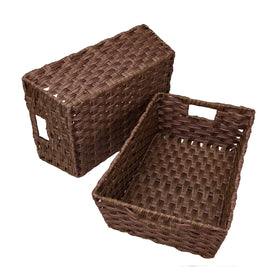 Onlytak brown woven storage basket in pantry organizes onions, snacks, and bottles.