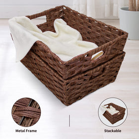 Onlytak brown woven storage basket near toilet paper for easy access.