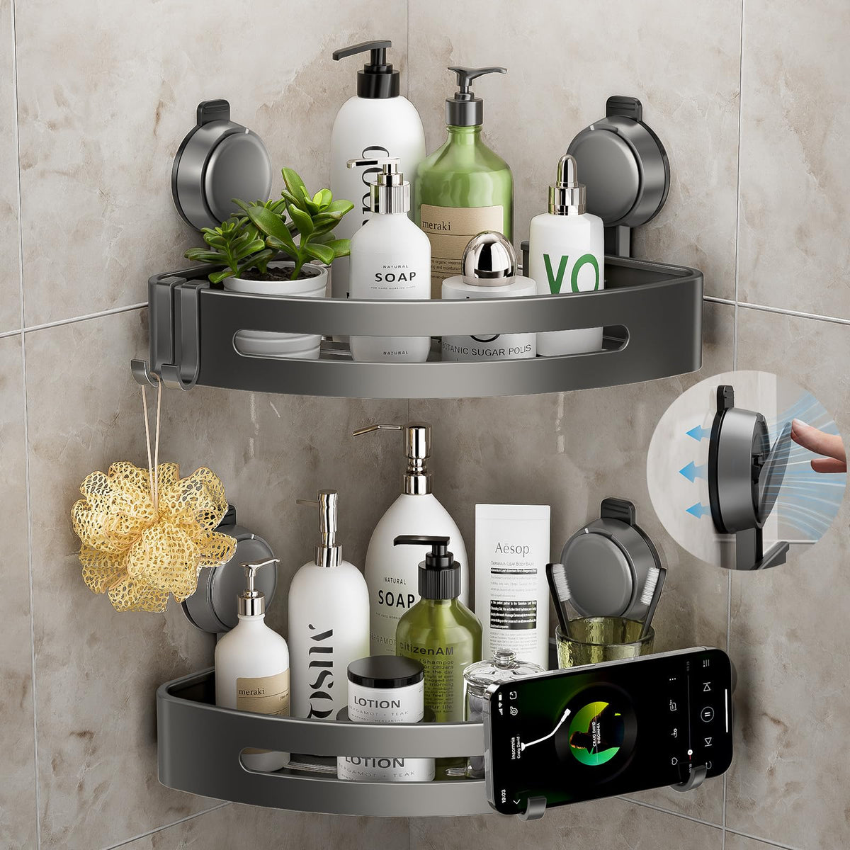 ONXE corner shower caddy with suction cup secures bottles on smooth tiles