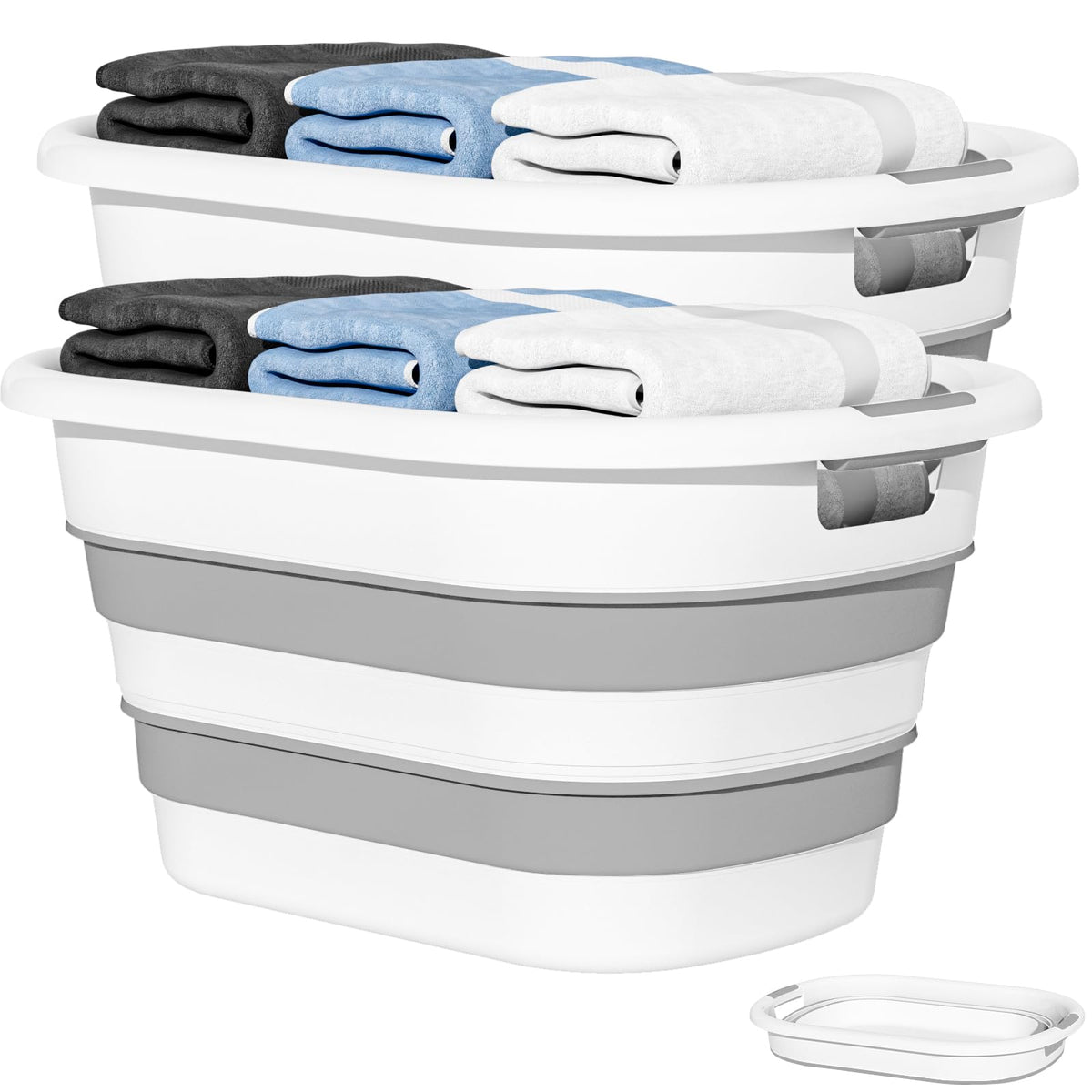 OOAMBB collapsible laundry basket folded for compact storage and space saving.