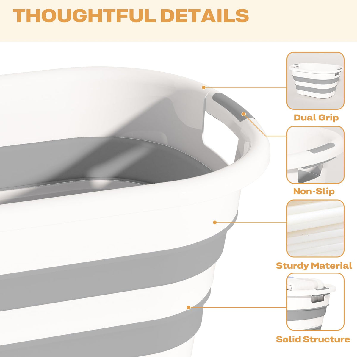 OOAMBB collapsible laundry basket in grey highlights space-saving design for small spaces.
