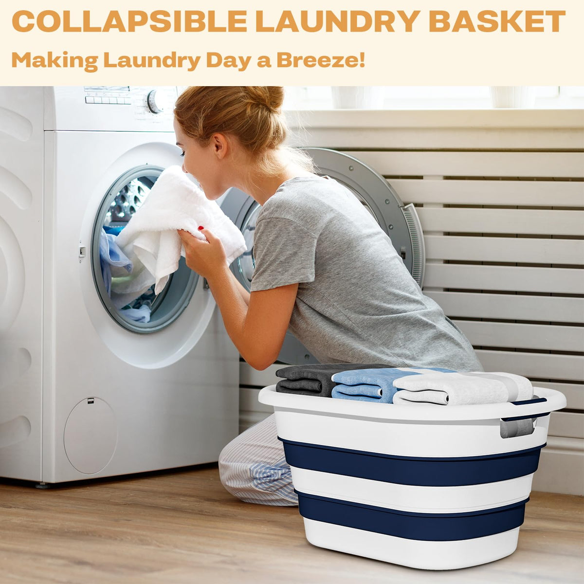OOAMBB blue pop-up laundry hamper open for easy loading
