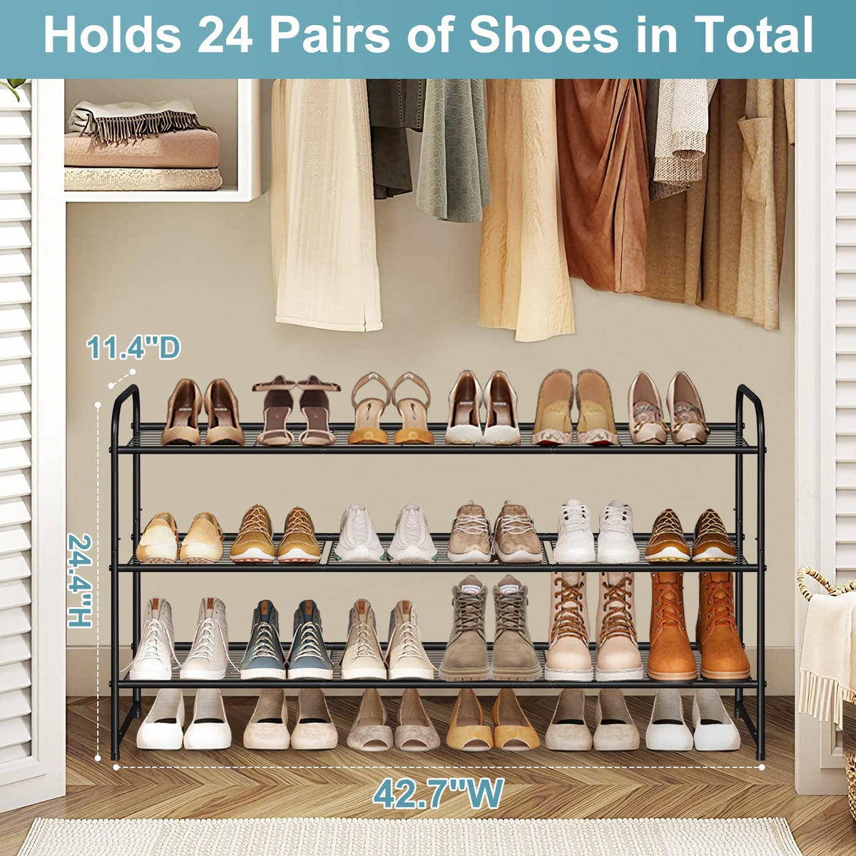 AOODA metal shoe rack with wire grid provides sturdy organization