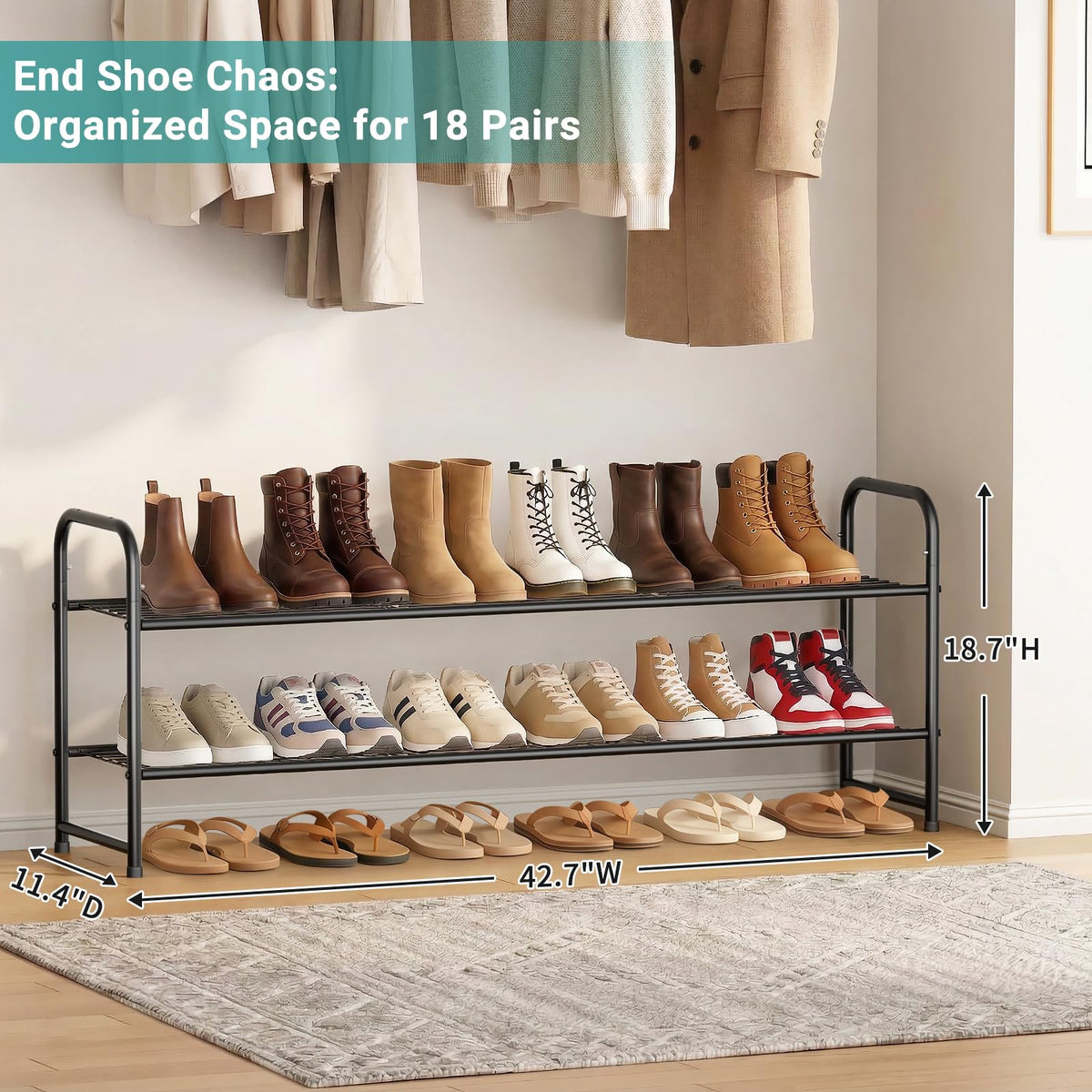 AOODA stackable metal shoe rack shown in hallway for orderly storage.