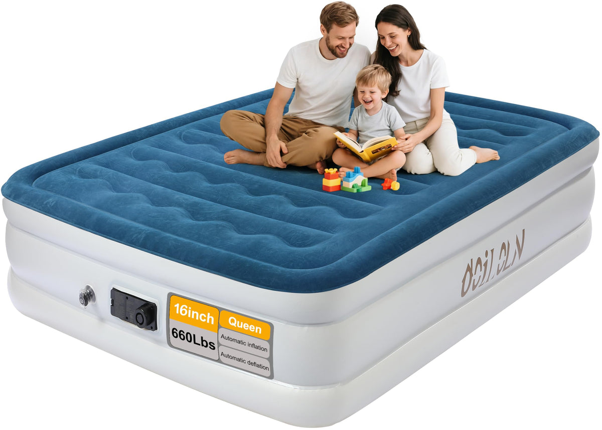 ooiloln queen air mattress with built-in pump enables quick setup for guests