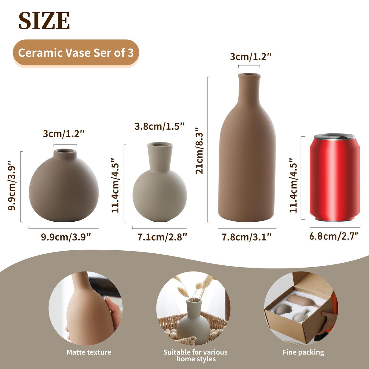 OOIT brown ceramic vases arranged together highlight natural dried flowers.
