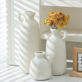 OOIT ceramic vase set of 3 with handle, dried stems complement neutral glaze.
