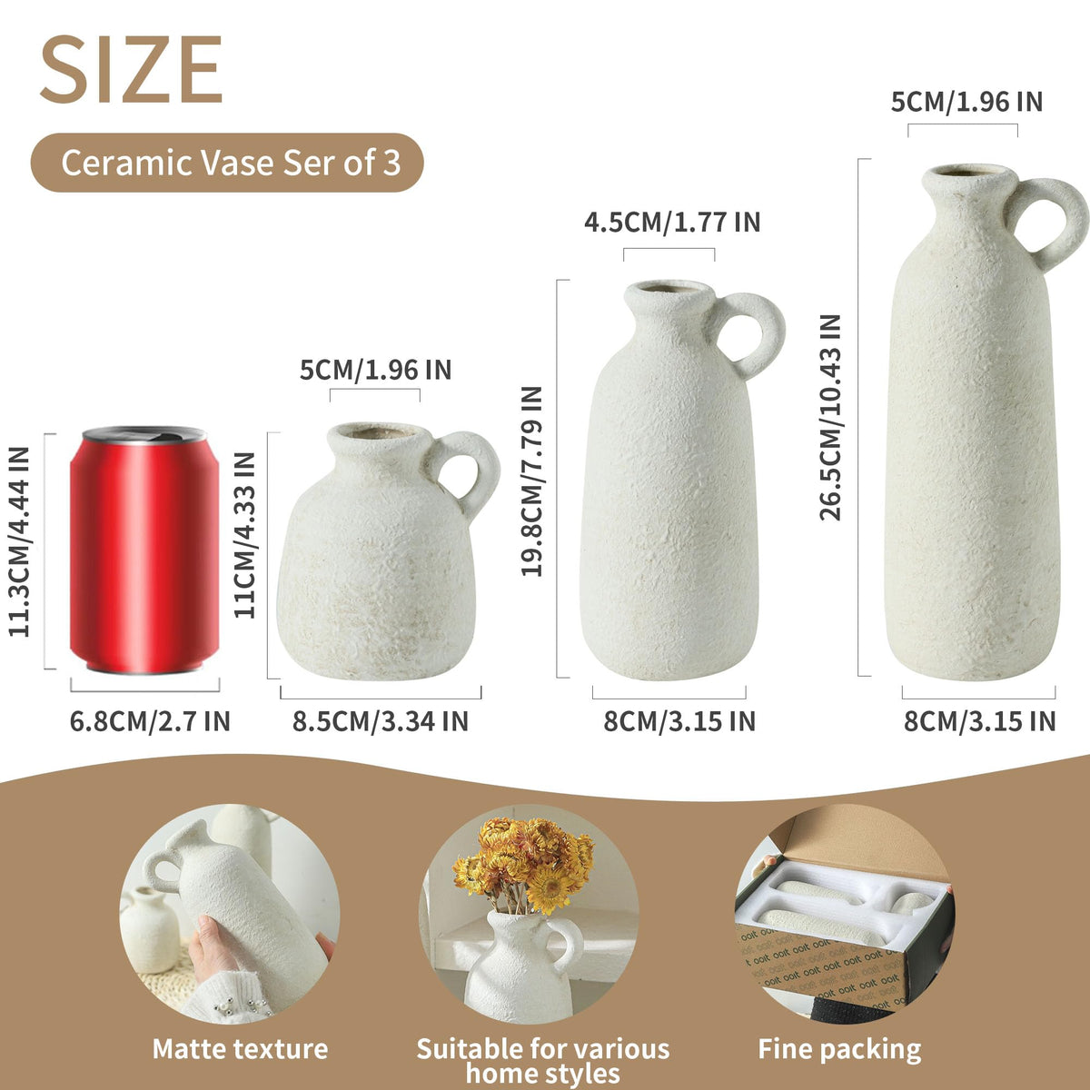 OOIT ceramic vases set of 3 with handle, neutral mantel display.