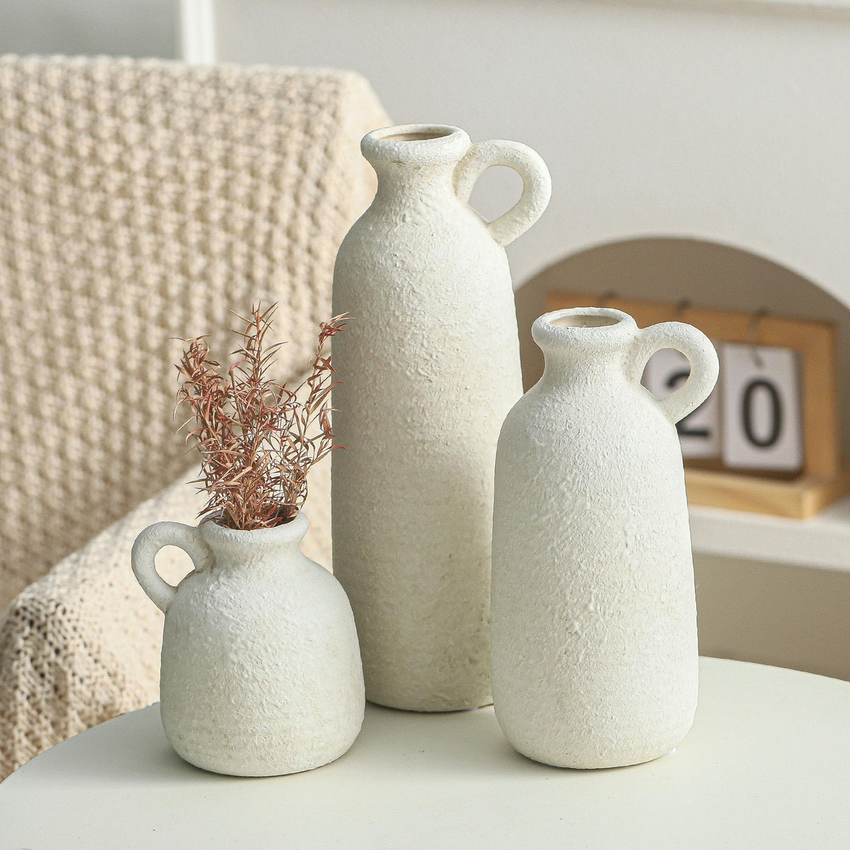 OOIT ceramic vase set of 3 with handle, water-safe interior for fresh stems.