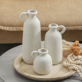 OOIT ceramic vase set of 3 with handle, durable whitewashed pottery accent.