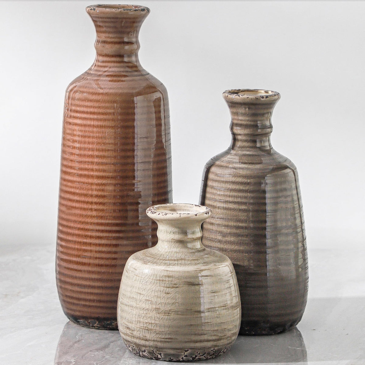 ooit ceramic vases set 3 in neutral rustic finish, perfect for tablescape centerpieces.