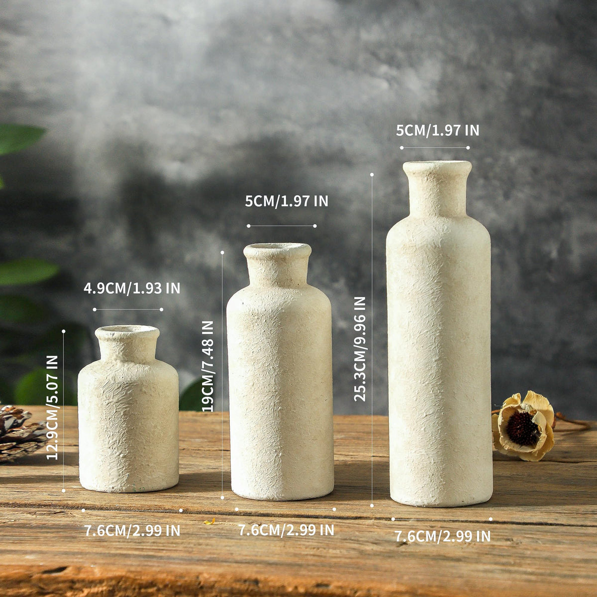OOIT ceramic vases trio on a shelf enhance boho farmhouse styling.
