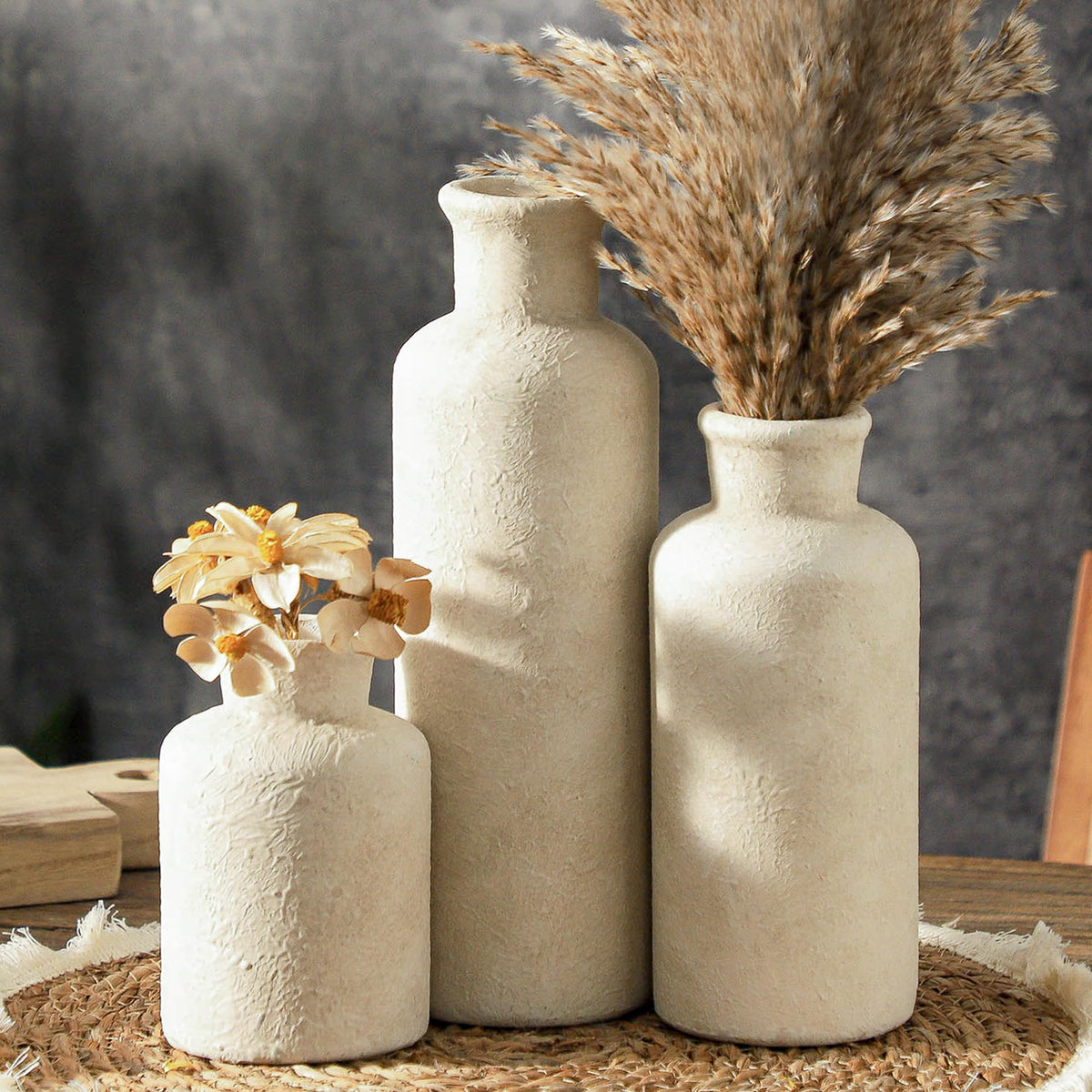OOIT ceramic vases set of 3 in whitewashed finish for tabletop display.